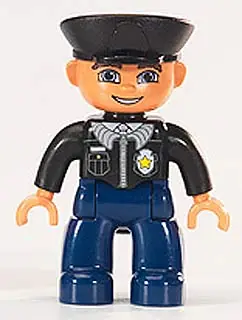 47394PB107:  Duplo Figure Lego Ville, Male Police, Dark Blue Legs, Black Top with Badge, Black Arms, Black Hat, Blue Eyes