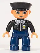 Minifigurka: 47394PB107:  Duplo Figure Lego Ville, Male Police, Dark Blue Legs, Black Top with Badge, Black Arms, Black Hat, Blue Eyes