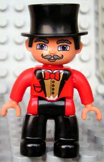 47394PB110:  Duplo Figure Lego Ville, Male Circus Ringmaster, Black Legs, Red Top with Bow Tie, Top Hat, Blue Eyes (4611994)