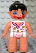 Minifigurka: 47394PB111:  Duplo Figure Lego Ville, Female Tightrope Walker, Light Nougat Legs, White Top with Stars, Black Ponytail Hair, Blue Eyes