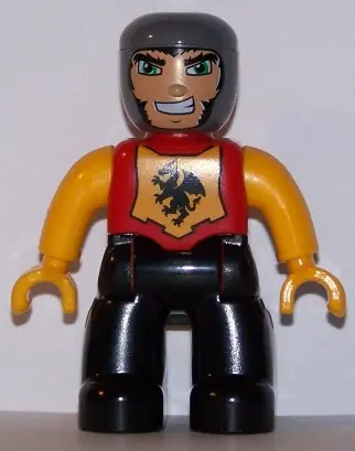 47394PB112:  Duplo Figure Lego Ville, Male Castle, Black Legs, Red Chest with Dragon Emblem, Bright Light Orange Arms and Hands, Lefty Smile