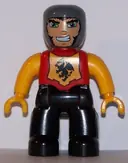 Minifigurka: 47394PB112:  Duplo Figure Lego Ville, Male Castle, Black Legs, Red Chest with Dragon Emblem, Bright Light Orange Arms and Hands, Lefty Smile
