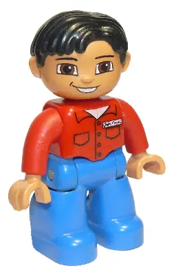 47394PB113:  Duplo Figure Lego Ville, Male, Blue Legs, Red Shirt with Pockets and Name Tag, Black Hair, Brown Eyes, Nougat Hands