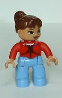 Minifigurka: 47394PB114:  Duplo Figure Lego Ville, Female, Medium Blue Legs, Red Jacket with Black Zipper and Pockets, Reddish Brown Ponytail Hair (4598306)