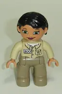 Minifigurka: 47394PB116:  Duplo Figure Lego Ville, Female, Dark Tan Legs, Tan Top, Black Hair (Zoo Keeper)