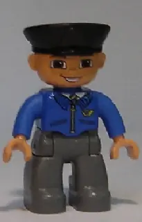 47394PB117:  Duplo Figure Lego Ville, Male Post Office, Dark Bluish Gray Legs, Blue Jacket with Mail Horn, Black Police Hat, Smile with Teeth (4648961)