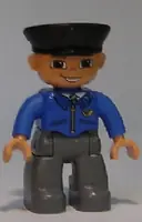Minifigurka: 47394PB117:  Duplo Figure Lego Ville, Male Post Office, Dark Bluish Gray Legs, Blue Jacket with Mail Horn, Black Police Hat, Smile with Teeth (4648961)