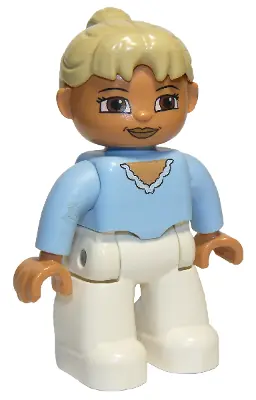 47394PB118:  Duplo Figure Lego Ville, Female, White Legs, Bright Light Blue Top, Tan Ponytail Hair, Brown Eyes