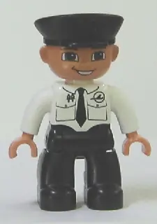 47394PB120:  Duplo Figure Lego Ville, Male Pilot, Black Legs, White Top with Airplane Logo and Black Tie, Police Hat