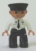 Minifigurka: 47394PB120:  Duplo Figure Lego Ville, Male Pilot, Black Legs, White Top with Airplane Logo and Black Tie, Police Hat