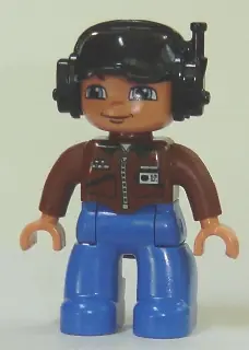 47394PB121:  Duplo Figure Lego Ville, Male, Blue Legs, Brown Top with ID Badge, Black Cap with Headset