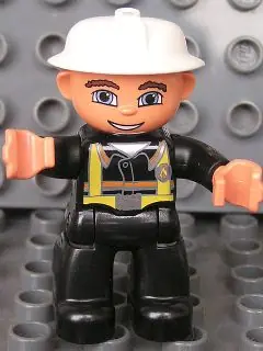 47394PB122:  Duplo Figure Lego Ville, Male Fireman, Black Legs, Nougat Hands, White Helmet, Blue Eyes