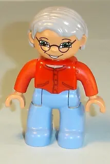 47394PB123:  Duplo Figure Lego Ville, Female, Medium Blue Legs, Red Sweater, Very Light Gray Hair, Blue Eyes, Glasses