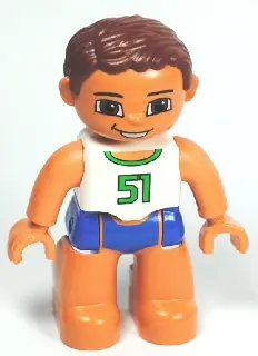 47394PB131:  Duplo Figure Lego Ville, Male, Blue Swim Trunks, White Top with Green '51', Reddish Brown Hair
