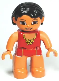 47394PB132:  Duplo Figure Lego Ville, Female, Red Swimsuit with Yellow Bow, Black Hair