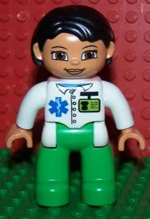 47394PB137:  Duplo Figure Lego Ville, Female Medic, Bright Green Legs, White Top with ID Badge and EMT Star of Life Pattern, Black Hair, Brown Eyes