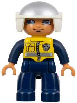 47394PB138:  Duplo Figure Lego Ville, Male Police, Dark Blue Legs and Jumpsuit with Yellow Vest, White Helmet