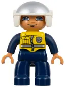 Minifigurka: 47394PB138:  Duplo Figure Lego Ville, Male Police, Dark Blue Legs and Jumpsuit with Yellow Vest, White Helmet