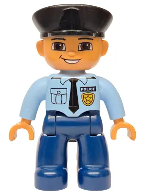 47394PB141:  Duplo Figure Lego Ville, Male Police, Dark Blue Legs, Light Blue Top with Badge and Tie, Nougat Hands, Black Hat
