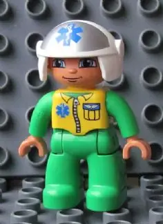 47394PB142:  Duplo Figure Lego Ville, Male Medic, Bright Green Legs & Jumpsuit with Yellow Vest, White Helmet with EMT Star of Life Pattern