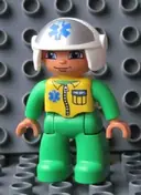 Minifigurka: 47394PB142:  Duplo Figure Lego Ville, Male Medic, Bright Green Legs & Jumpsuit with Yellow Vest, White Helmet with EMT Star of Life Pattern