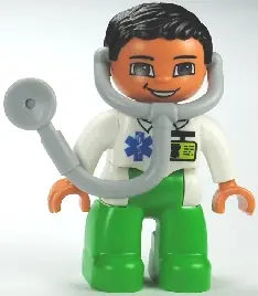 47394PB143:  Duplo Figure Lego Ville, Male Medic, Bright Green Legs, White Top with ID Badge and EMT Star of Life Pattern, Attached Stethoscope