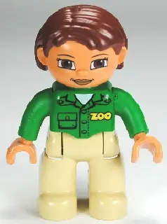 47394PB144:  Duplo Figure Lego Ville, Female, Tan Legs, Green Top with 'ZOO' on Front and Back, Reddish Brown Hair, Brown Eyes (Zoo Worker)