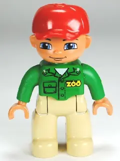 47394PB145:  Duplo Figure Lego Ville, Male, Tan Legs, Green Top with 'ZOO' on Front and Back, Red Cap, Blue Eyes (Zoo Worker)