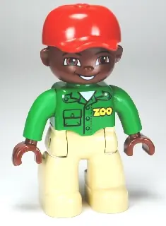47394PB146:  Duplo Figure Lego Ville, Male, Tan Legs, Green Top with 'ZOO' on Front and Back, Brown Head, Red Cap, Brown Head, Brown Eyes (Zoo Worker)