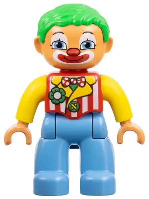 47394PB151:  Duplo Figure Lego Ville, Male Clown, Medium Blue Legs, Striped Jacket, Bow Tie, Green Hair