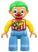 Minifigurka: 47394PB151:  Duplo Figure Lego Ville, Male Clown, Medium Blue Legs, Striped Jacket, Bow Tie, Green Hair