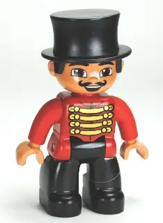 47394PB152:  Duplo Figure Lego Ville, Male Circus Ringmaster, Black Legs, Red Top with Gold Braid, Top Hat, Brown Eyes (6023824)