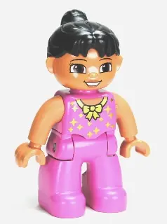 47394PB153:  Duplo Figure Lego Ville, Female Tightrope Walker, Dark Pink Legs and Top with Gold Bow and Stars, Black Ponytail Hair, Brown Eyes