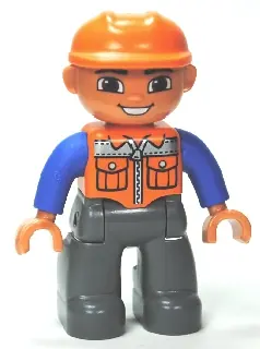 47394PB156:  Duplo Figure Lego Ville, Male, Dark Bluish Gray Legs, Orange Vest with Zipper and Pockets, Orange Construction Helmet
