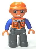 Minifigurka: 47394PB156:  Duplo Figure Lego Ville, Male, Dark Bluish Gray Legs, Orange Vest with Zipper and Pockets, Orange Construction Helmet
