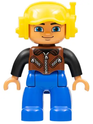 47394PB157:  Duplo Figure Lego Ville, Male, Blue Legs, Brown Vest with Zipper and Zippered Pockets, Yellow Cap with Headset