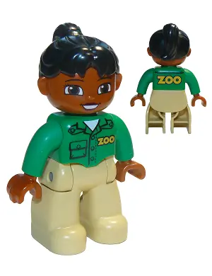 47394PB158:  Duplo Figure Lego Ville, Female, Tan Legs, Green Top with 'ZOO' on Front and Back, Black Ponytail Hair, Brown Head (Zoo Worker)