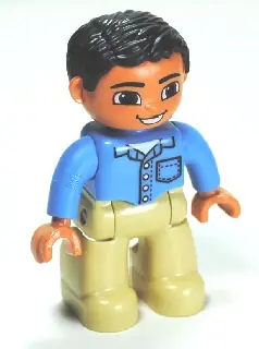 47394PB159:  Duplo Figure Lego Ville, Male, Tan Legs, Medium Blue Shirt with Pocket and 4 Buttons, Black Hair