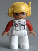 Minifigurka: 47394PB160:  Duplo Figure Lego Ville, Male, White Legs, White Race Top with Octan Logo, Yellow Cap with Headset