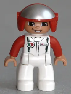47394PB161:  Duplo Figure Lego Ville, Male, White Legs, White Race Top with Octan Logo, Red Helmet