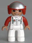 Minifigurka: 47394PB161:  Duplo Figure Lego Ville, Male, White Legs, White Race Top with Octan Logo, Red Helmet
