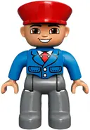 Minifigurka: 47394PB165:  Duplo Figure Lego Ville, Male, Dark Bluish Gray Legs, Blue Jacket with Tie, Red Hat, Smile with Teeth (Train Conductor)
