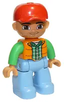 Minifigurka: 47394PB166:  Duplo Figure Lego Ville, Male, Medium Blue Legs, Orange Vest, Dark Green Plaid Shirt, Bright Green Arms, Red Cap