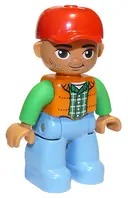 Minifigurka: 47394PB166A:  Duplo Figure Lego Ville, Male, Medium Blue Legs, Orange Vest, Dark Green Plaid Shirt, Bright Green Arms, Red Cap, Oval Eyes (6273449)