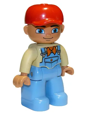 47394PB167:  Duplo Figure Lego Ville, Male, Medium Blue Legs, Tan Top with Medium Blue Overalls, Bandana, Red Cap