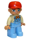 Minifigurka: 47394PB167:  Duplo Figure Lego Ville, Male, Medium Blue Legs, Tan Top with Medium Blue Overalls, Bandana, Red Cap