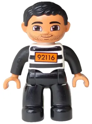 47394PB168:  Duplo Figure Lego Ville, Male, Black Legs, Black and White Striped Top with Number 92116, Black Hair (Prisoner)