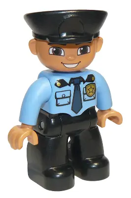 47394PB169:  Duplo Figure Lego Ville, Male Police, Black Legs, Medium Blue Top with Badge, Black Hat