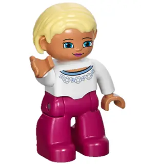 47394PB170:  Duplo Figure Lego Ville, Female, Magenta Legs, White Sweater with Blue Pattern, Bright Light Yellow Hair, Blue Eyes