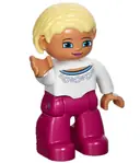 Minifigurka: 47394PB170:  Duplo Figure Lego Ville, Female, Magenta Legs, White Sweater with Blue Pattern, Bright Light Yellow Hair, Blue Eyes